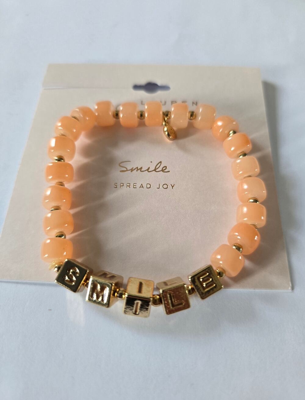 LC Lauren Conrad Peach Beaded Smile Wording Bracelet New